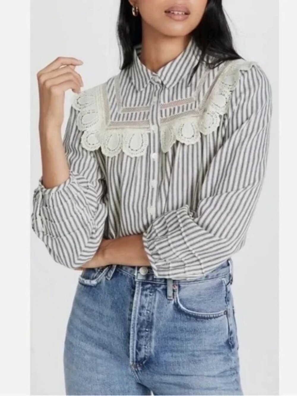 ba&sh Striped Button Down w/Lace, Size: XS